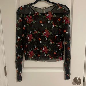 Urban outfitters sheer black crop top with floral embroidery